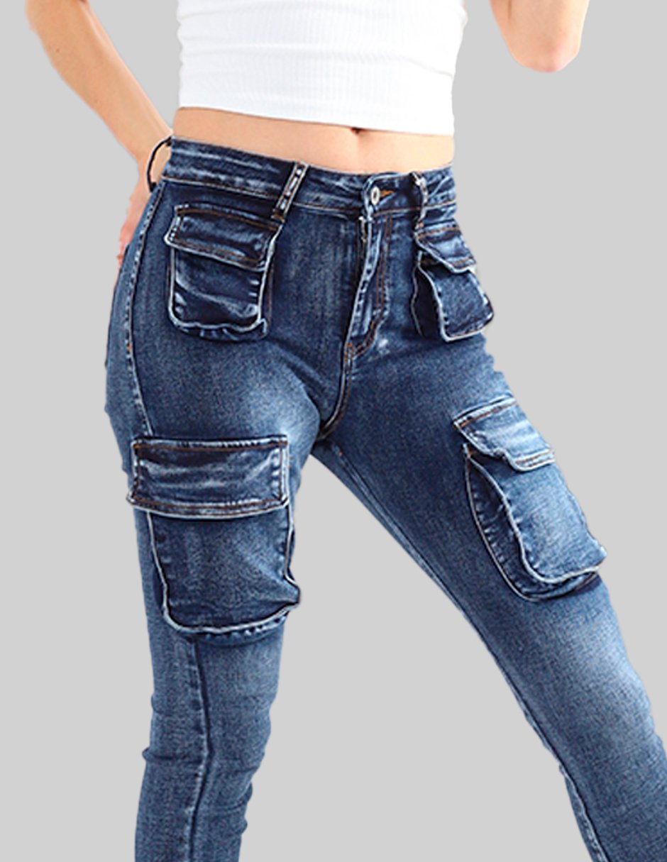 Jeans cargo slim corte media cintura para mujer - Imagen 2